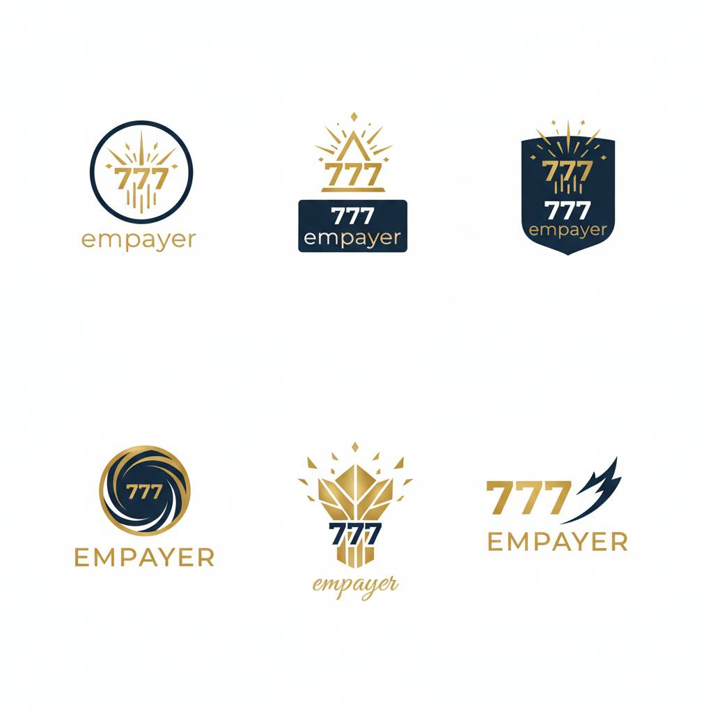 the minimalist premium logo for Empayer, incorporating the number 777 with an abstract explosive or spark icon in gold, white, and dark navy
