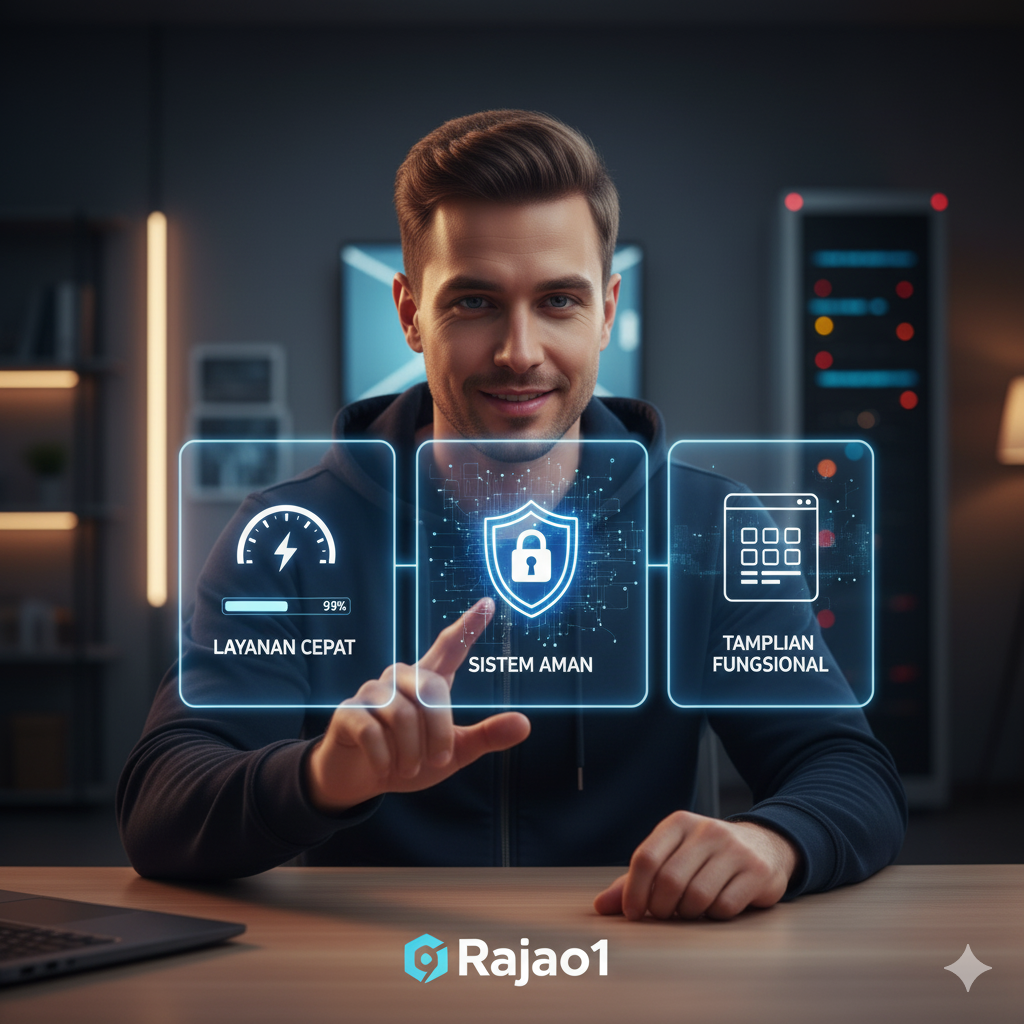 Gambar untuk "Mengapa Memilih Rajao1? Komitmen pada Layanan Cepat, Sistem Aman, dan Tampilan Fungsional" (Fokus: Komitmen layanan, seperti kecepatan, keamanan sistem, dan desain yang efektif.)